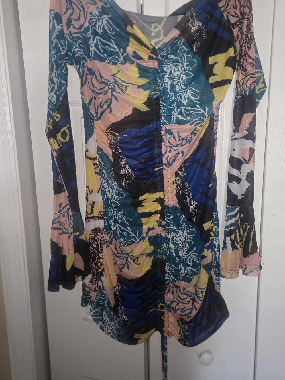 Multi-Color Abstract Floral Ruched Long Sleeve Dress